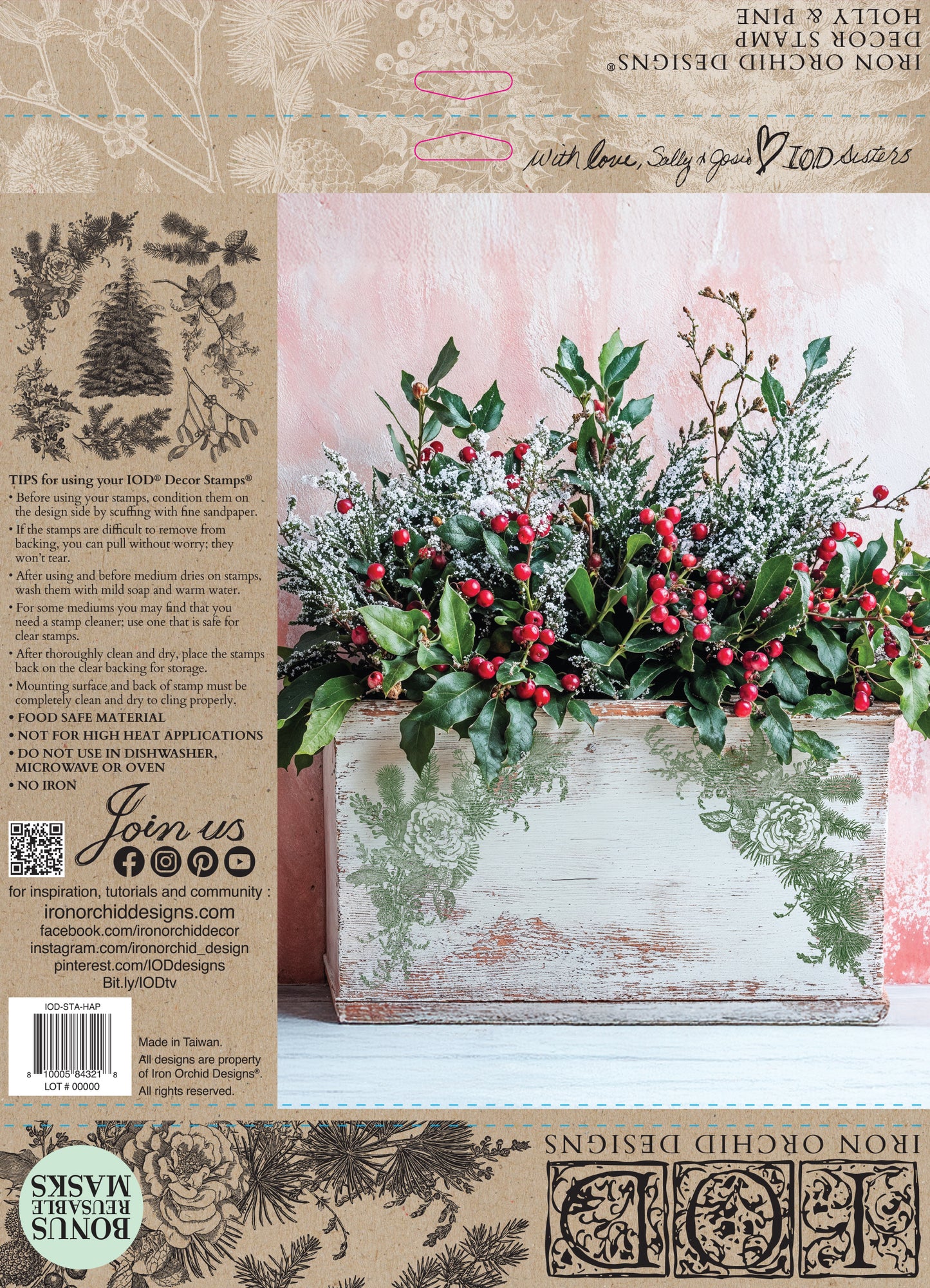 IOD DECOR STAMP- Holly & Pine 12x12