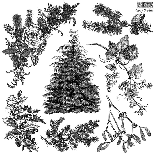 IOD DECOR STAMP- Holly & Pine 12x12